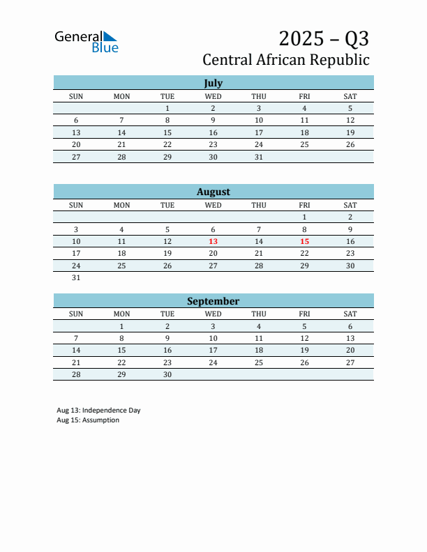 Three-Month Planner for Q3 2025 with Holidays - Central African Republic