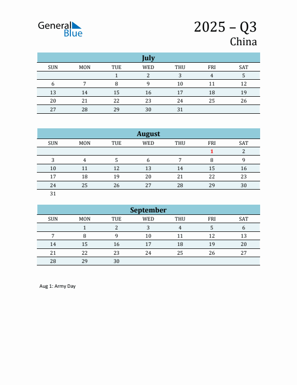 Three-Month Planner for Q3 2025 with Holidays - China