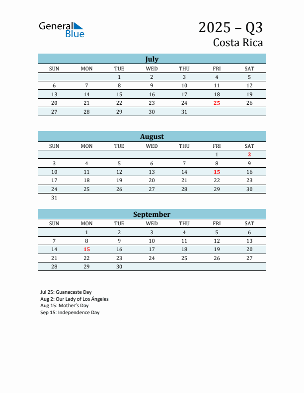 Three-Month Planner for Q3 2025 with Holidays - Costa Rica