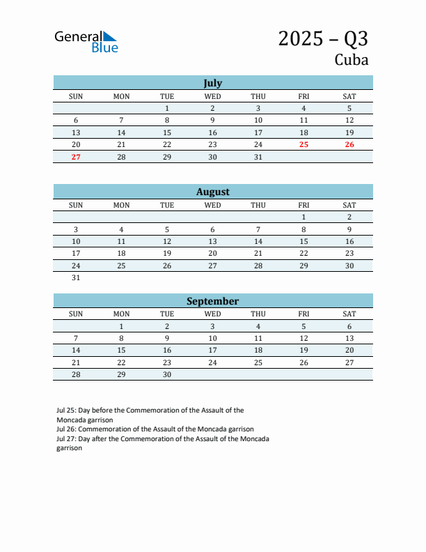 Three-Month Planner for Q3 2025 with Holidays - Cuba