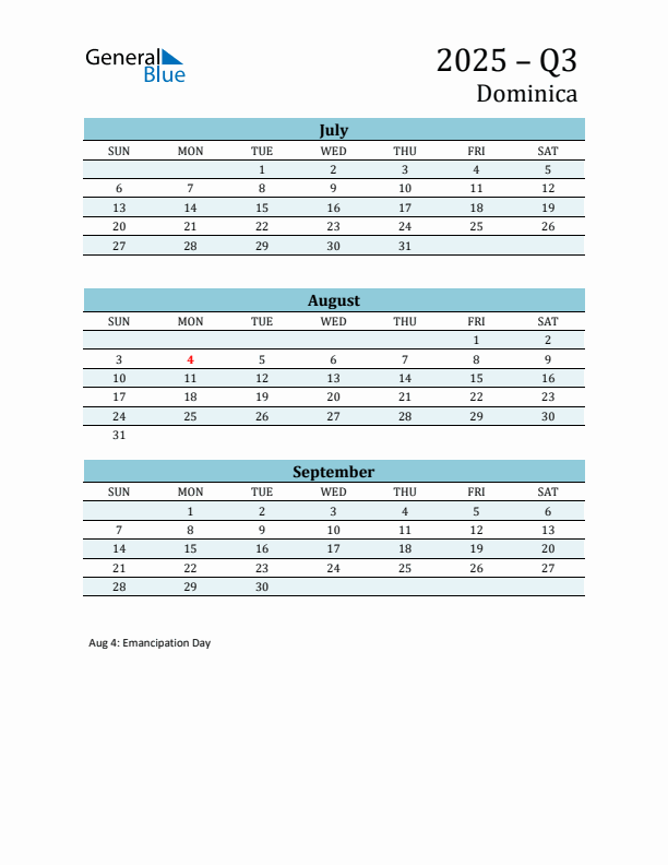 Three-Month Planner for Q3 2025 with Holidays - Dominica