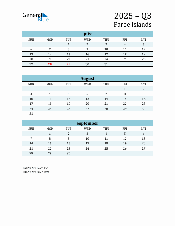 Three-Month Planner for Q3 2025 with Holidays - Faroe Islands