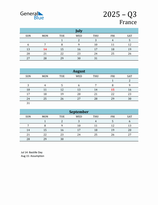 Three-Month Planner for Q3 2025 with Holidays - France