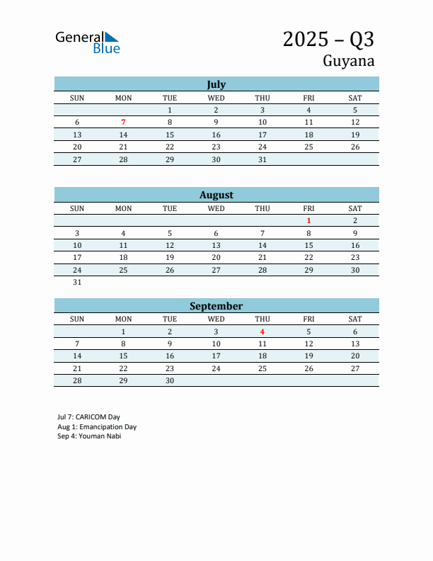 Three-Month Planner for Q3 2025 with Holidays - Guyana