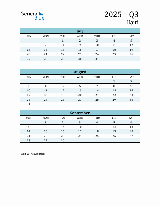 Three-Month Planner for Q3 2025 with Holidays - Haiti