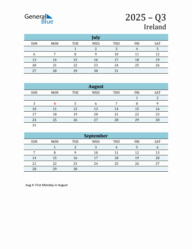 Three-Month Planner for Q3 2025 with Holidays - Ireland