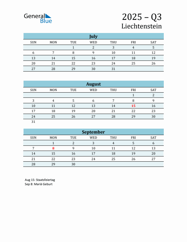 Three-Month Planner for Q3 2025 with Holidays - Liechtenstein