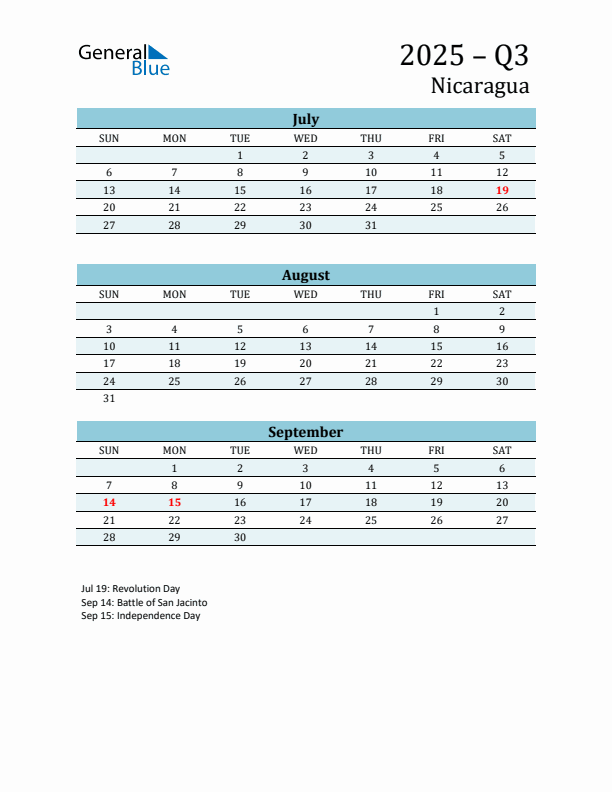 Three-Month Planner for Q3 2025 with Holidays - Nicaragua