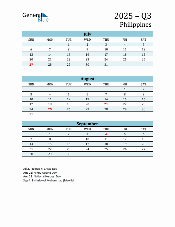 Three-Month Planner for Q3 2025 with Holidays - Philippines