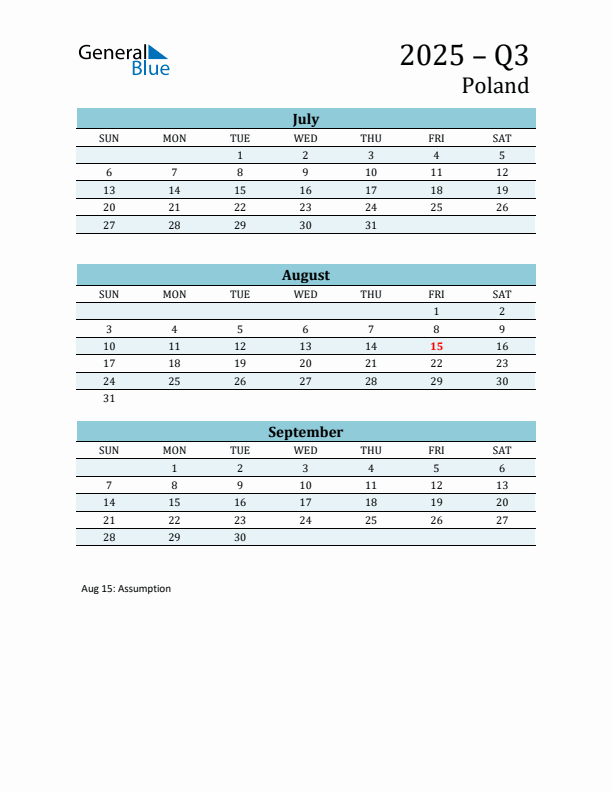 Three-Month Planner for Q3 2025 with Holidays - Poland