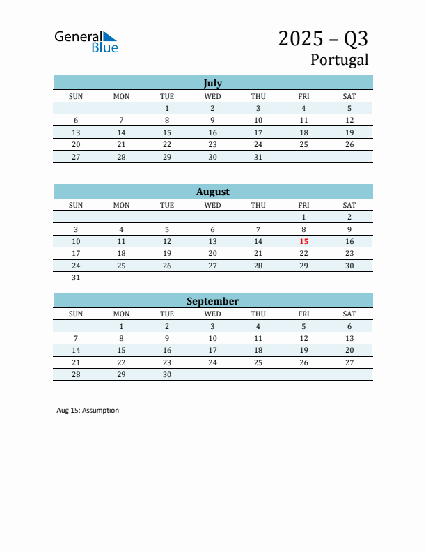 Three-Month Planner for Q3 2025 with Holidays - Portugal