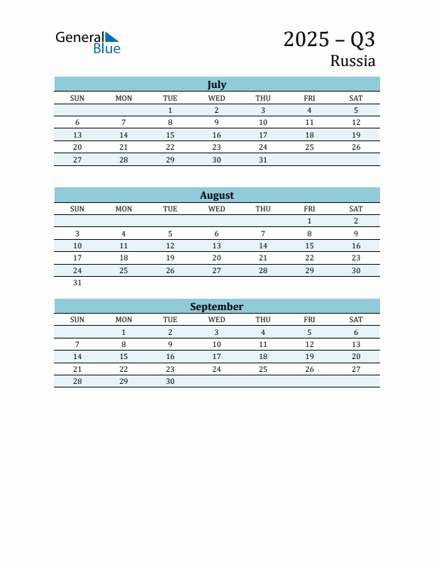 Three-Month Planner for Q3 2025 with Holidays - Russia