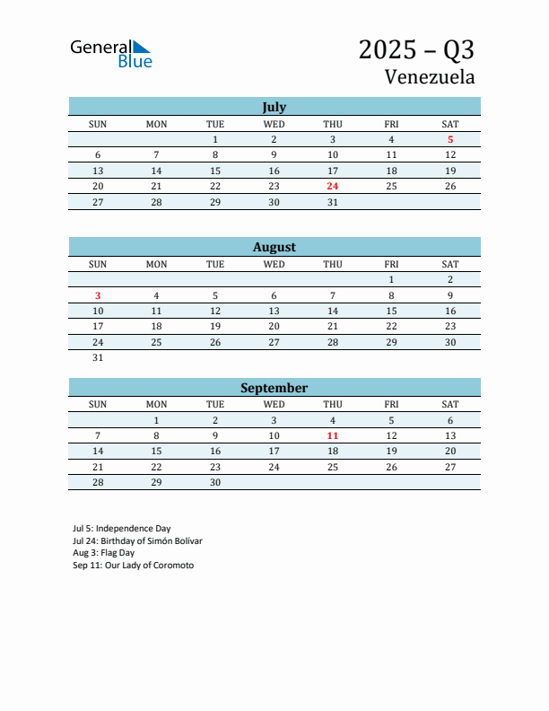 Three-Month Planner for Q3 2025 with Holidays - Venezuela