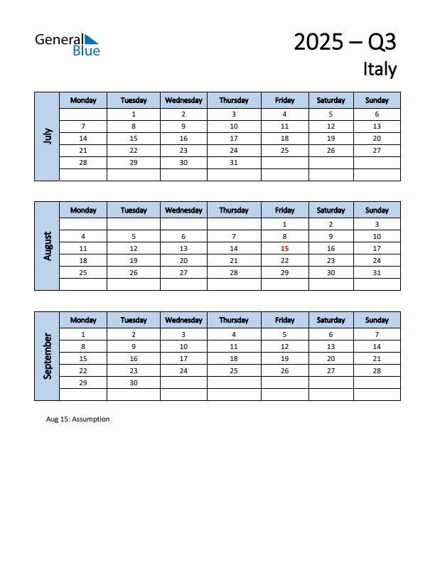 Free Q3 2025 Calendar for Italy - Monday Start