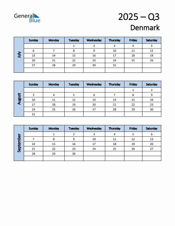 Free Q3 2025 Calendar for Denmark - Sunday Start