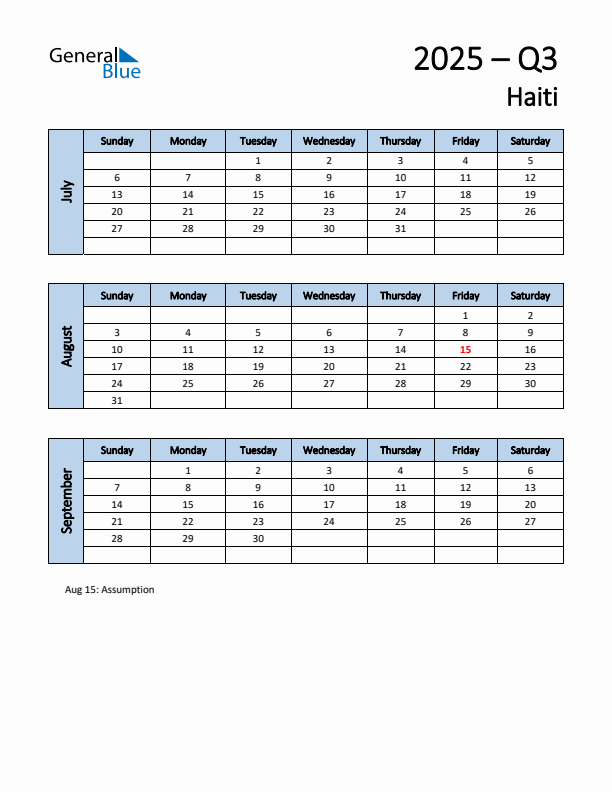 Free Q3 2025 Calendar for Haiti - Sunday Start