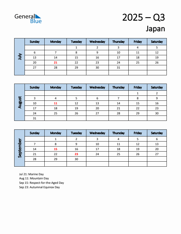 Free Q3 2025 Calendar for Japan - Sunday Start