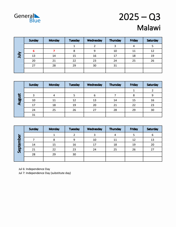 Free Q3 2025 Calendar for Malawi - Sunday Start