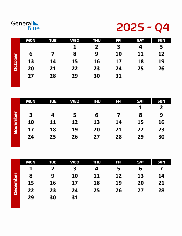 Editable Quarterly Calendar (Monday Start)