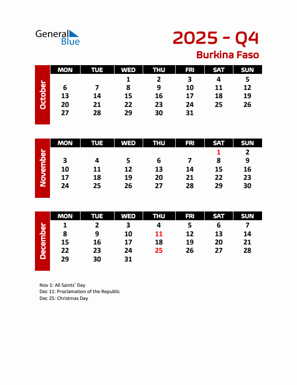 Q4 2025 Calendar with Holidays in Burkina Faso