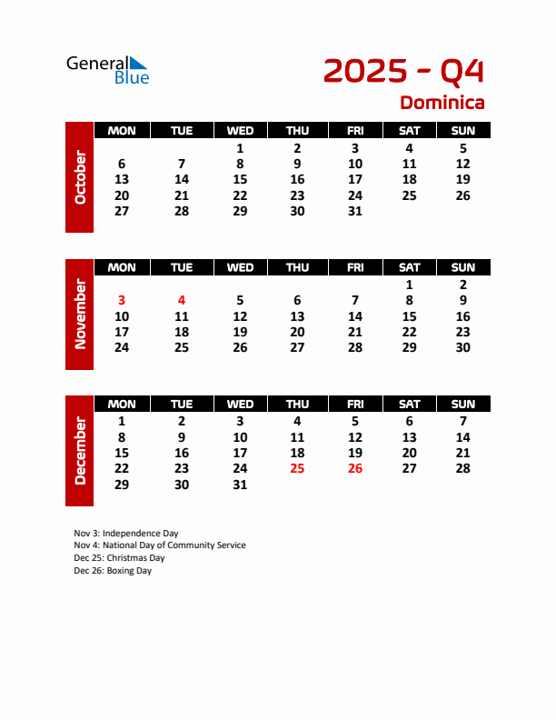 Q4 2025 Calendar with Holidays in Dominica