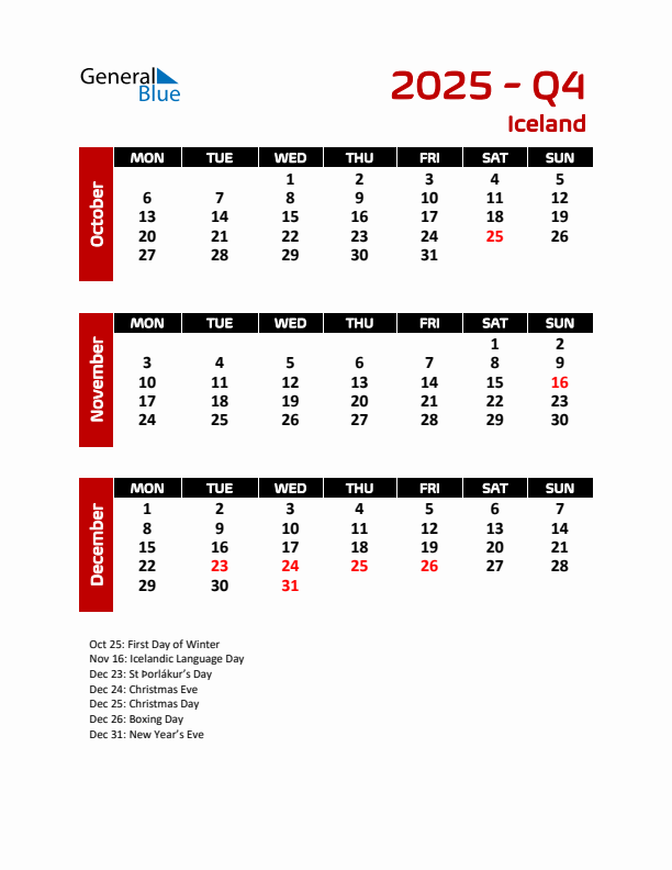 Q4 2025 Calendar with Holidays in Iceland