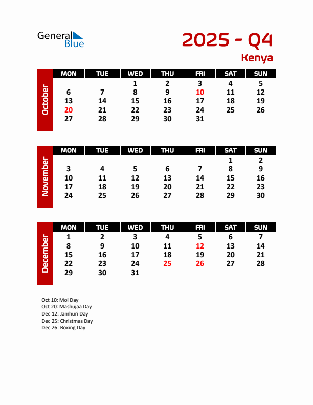 Q4 2025 Calendar with Holidays in Kenya