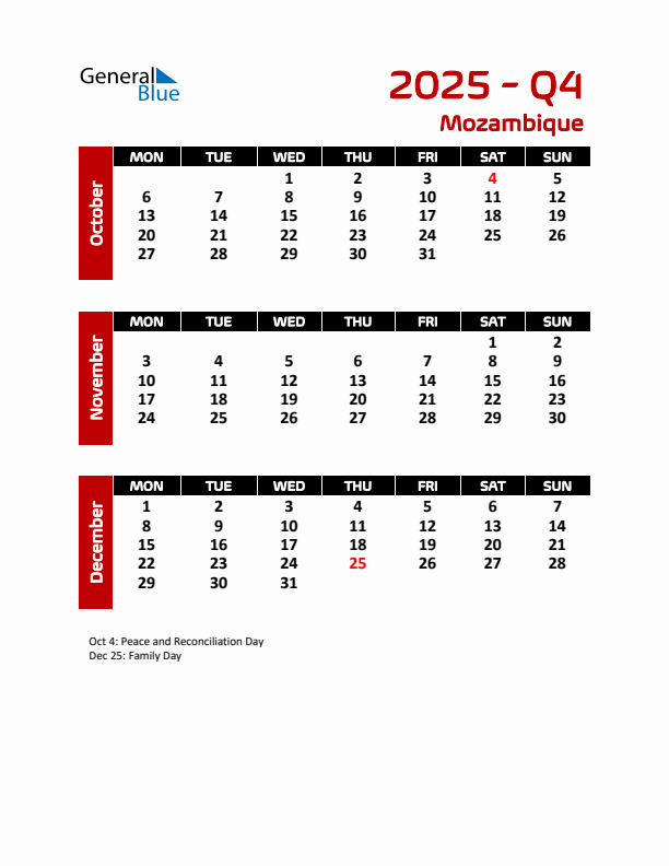 Q4 2025 Calendar with Holidays in Mozambique