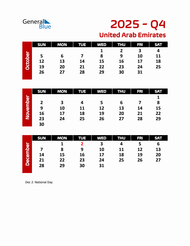 Q4 2025 Calendar with Holidays in United Arab Emirates