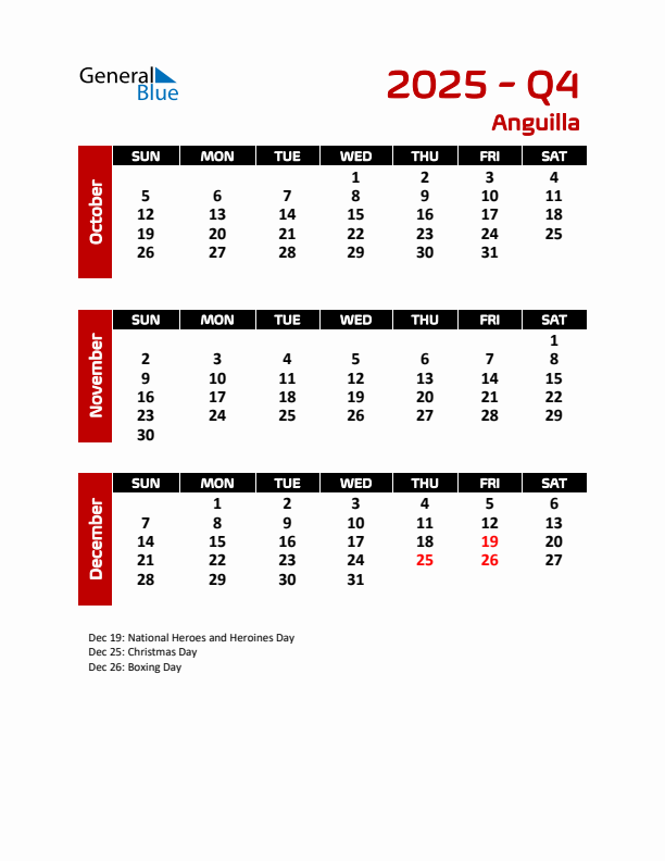 Q4 2025 Calendar with Holidays in Anguilla