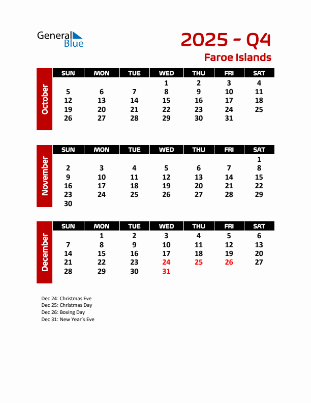 Q4 2025 Calendar with Holidays in Faroe Islands