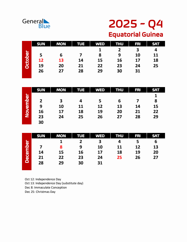 Q4 2025 Calendar with Holidays in Equatorial Guinea