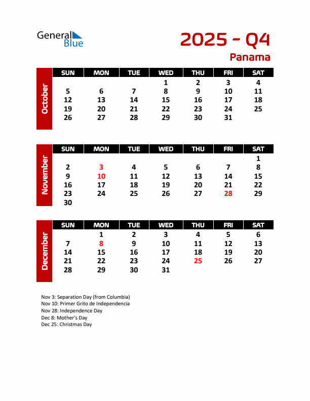 Q4 2025 Calendar with Holidays in Panama