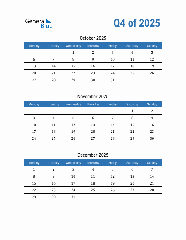 Fillable Quarterly Calendar for Q4 2025