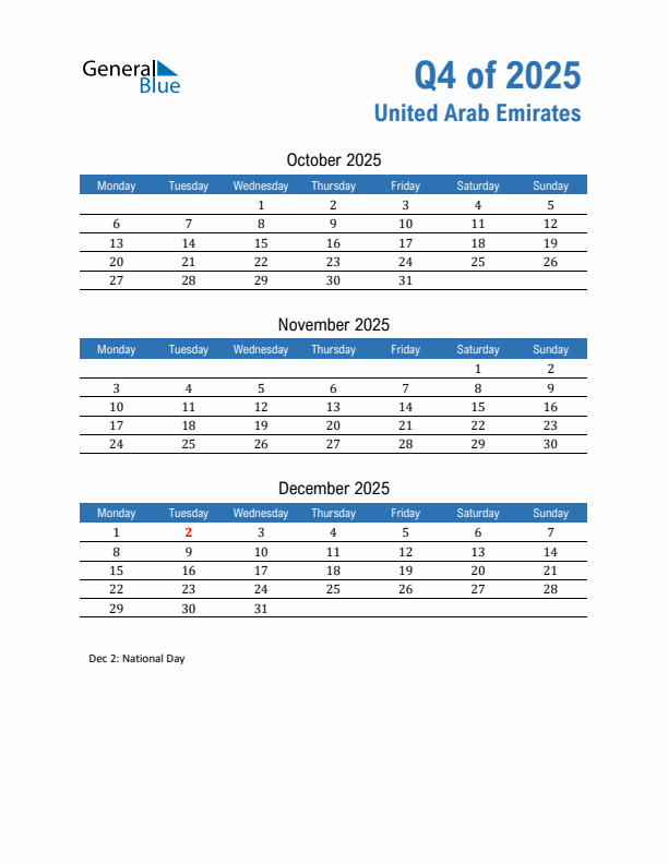 United Arab Emirates Q4 2025 Quarterly Calendar with Monday Start