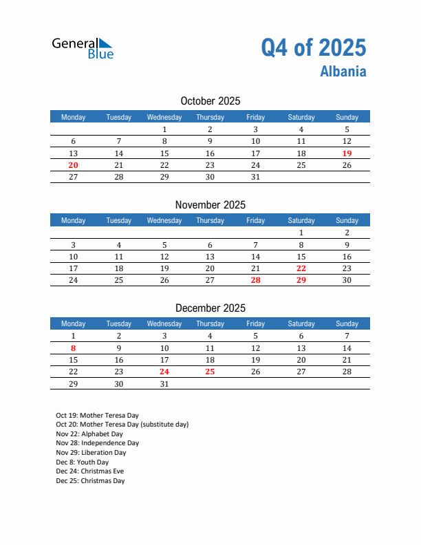 Albania Q4 2025 Quarterly Calendar with Monday Start