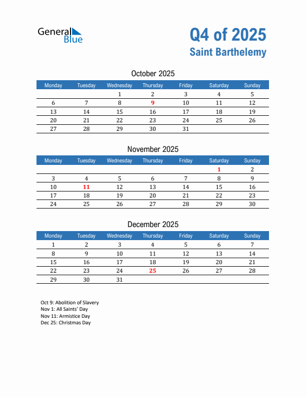 Saint Barthelemy Q4 2025 Quarterly Calendar with Monday Start