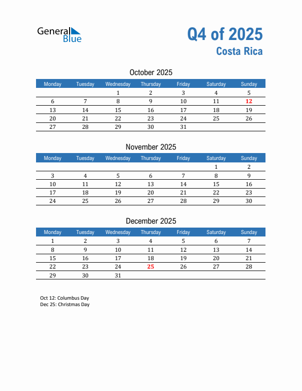 Costa Rica Q4 2025 Quarterly Calendar with Monday Start