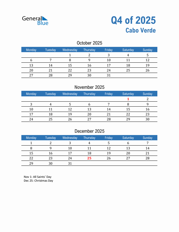 Cabo Verde Q4 2025 Quarterly Calendar with Monday Start