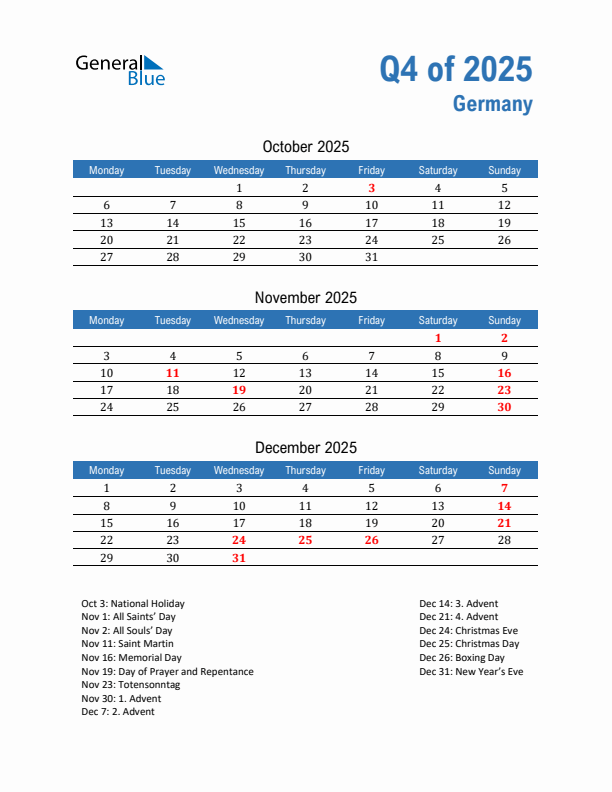 Germany Q4 2025 Quarterly Calendar with Monday Start