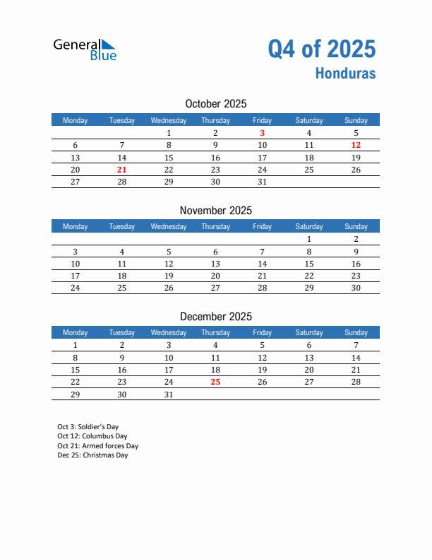 Honduras Q4 2025 Quarterly Calendar with Monday Start