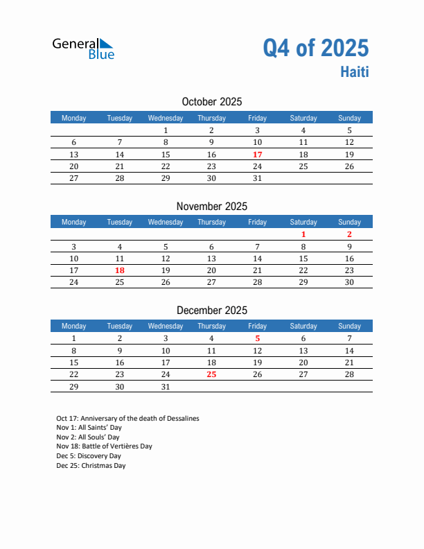 Haiti Q4 2025 Quarterly Calendar with Monday Start