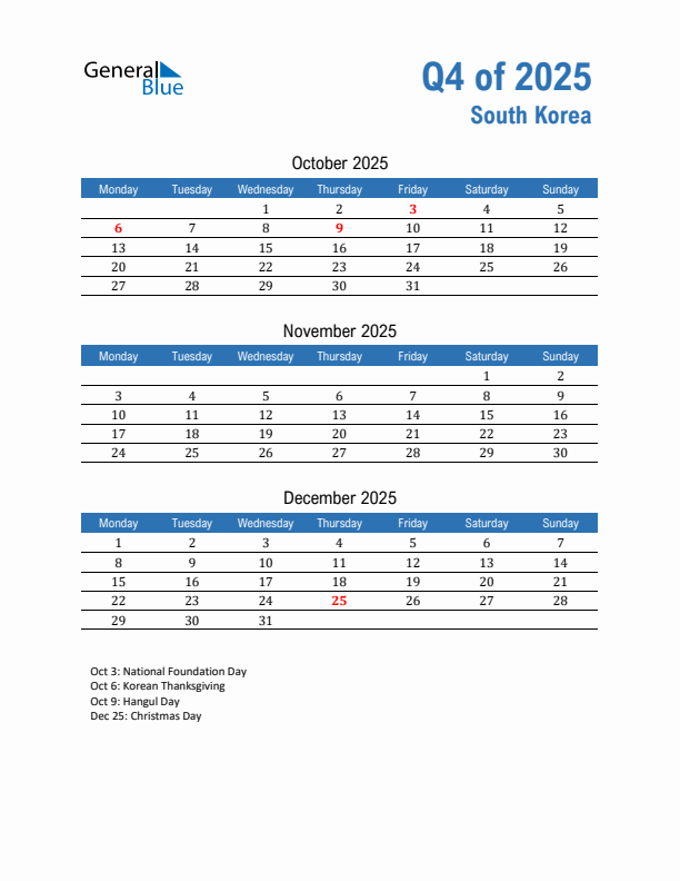 South Korea Q4 2025 Quarterly Calendar with Monday Start