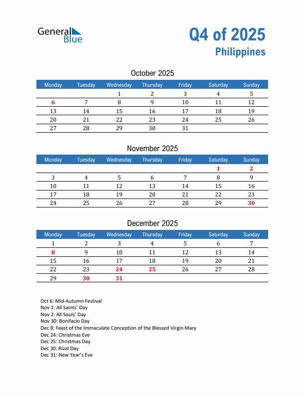 Philippines Q4 2025 Quarterly Calendar with Monday Start