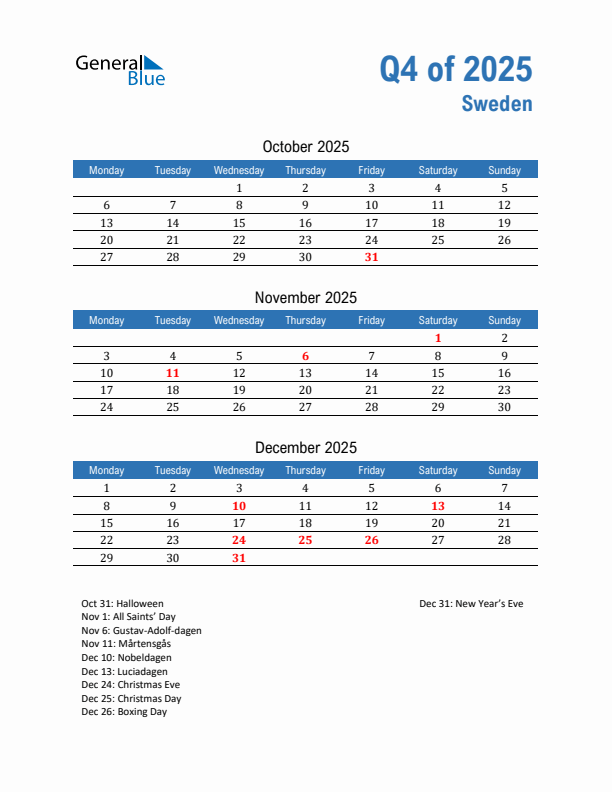 Sweden Q4 2025 Quarterly Calendar with Monday Start