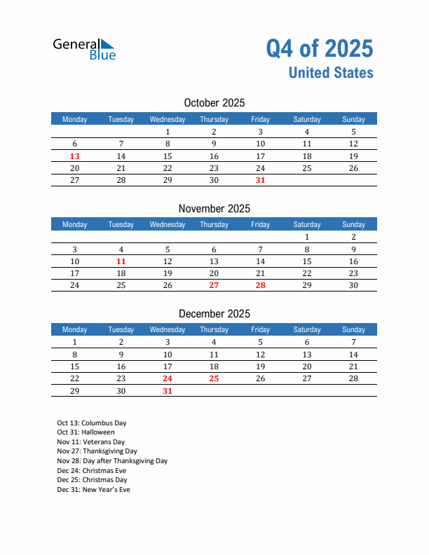 United States Q4 2025 Quarterly Calendar with Monday Start