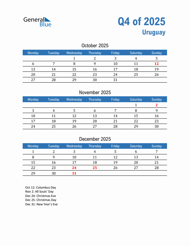 Uruguay Q4 2025 Quarterly Calendar with Monday Start