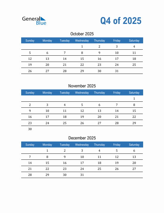 Quarter 4 2025 calendar template