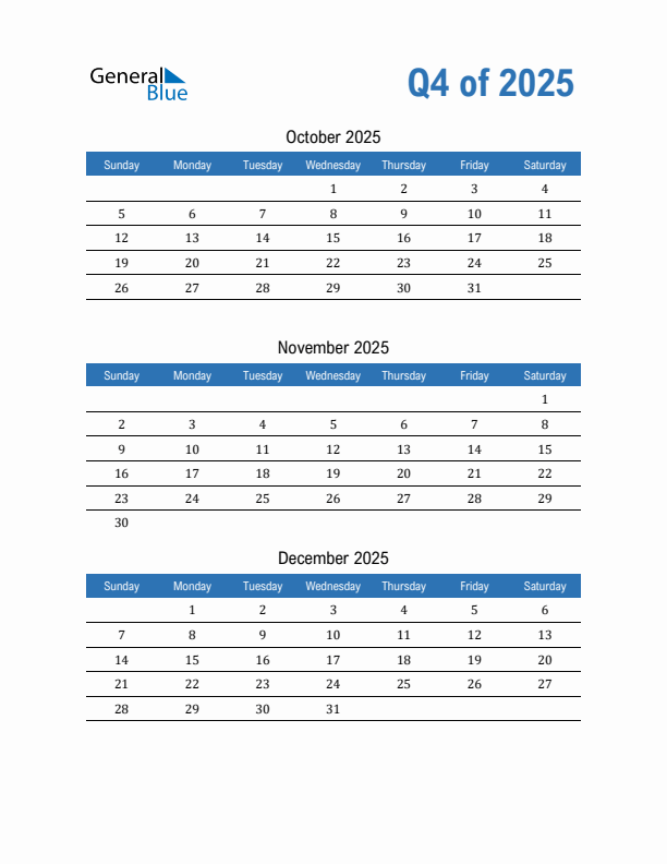 Fillable Quarterly Calendar for Q4 2025