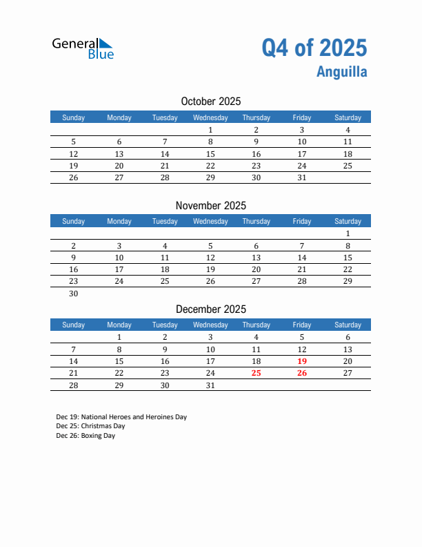 Anguilla Q4 2025 Quarterly Calendar with Sunday Start